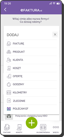 Zrzut ekranu mobilnej aplikacji eFaktura.pl pokazujący menu dodawania nowych elementów w aplikacji