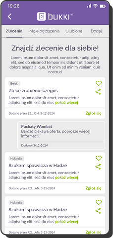Zrzut ekranu z aplikacji mobilnej DUKKI pokazujący listę ogłoszeń ze zleceniami