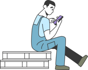 Minimalistyczna ilustracja mężczyzny siedzącego na ławce, przeglądającego telefon komórkowy